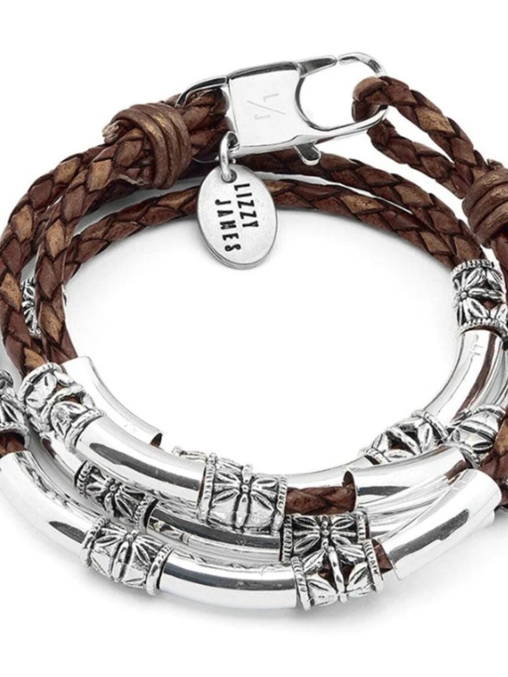 LIZZY JAMES Maxi Braided Brown Leather Wrap Bracelet with Etched Silver Crescent